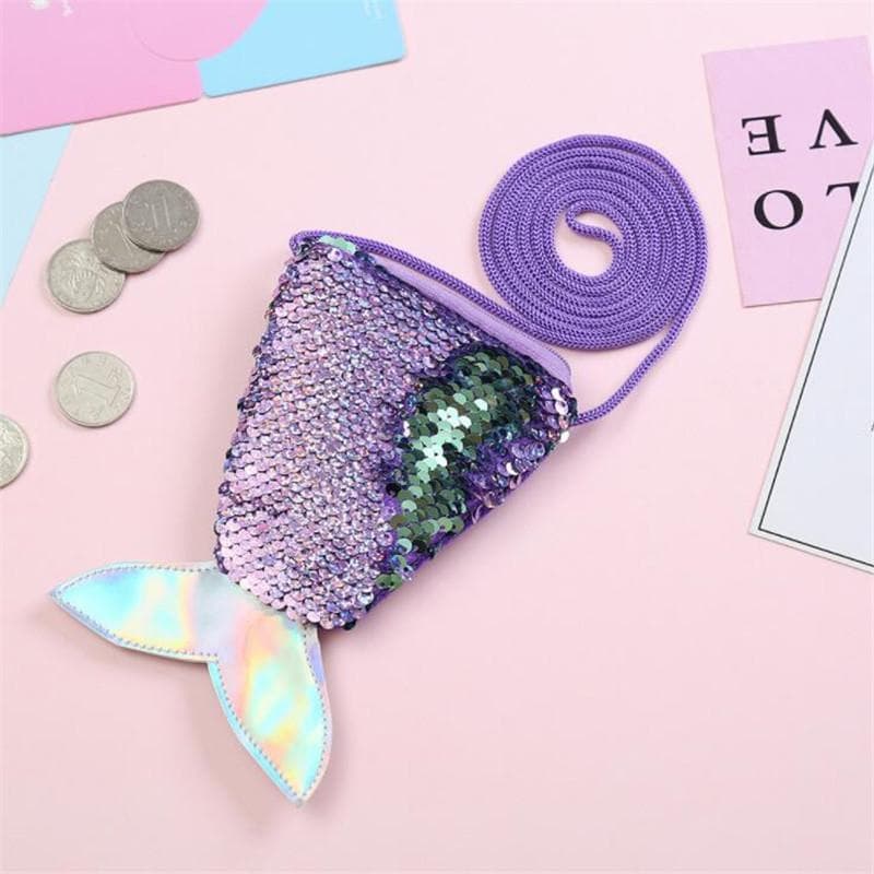 Women Mermaid Tail Sequins Coin Purse Girls Crossbody Bags Sling Money Change Card Holder Wallet Purse Bag Pouch For Kids Gifts purple