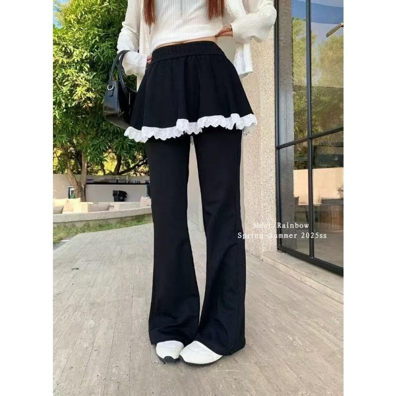 Korean Lace Casual Pants for Women In Spring and Summer New Design, Flared Waist Pants Drape, Slim Floor Pants XXXL black