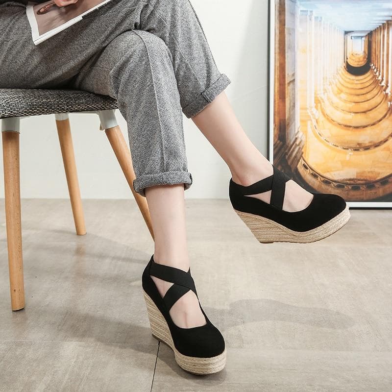 Retro Women High Heels Party Shoes Elegant Ladies Wedges Shoes Brand Women Pumps Platform Woman Wedge Heel 10cm 38 black