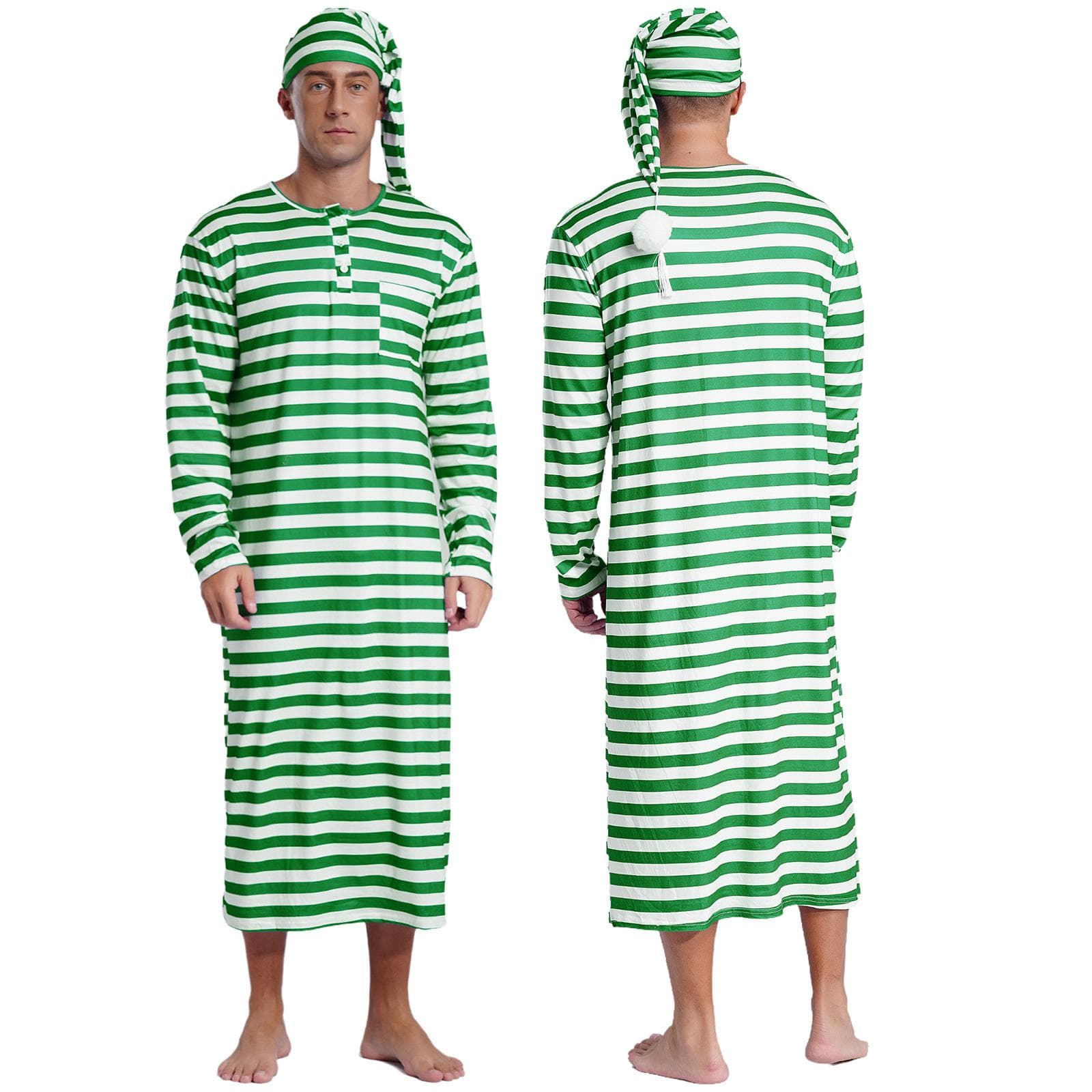 Mens Striped Loose Sleep Robe Set with Pom-Pom Hat Christmas Nightwear Long Sleeve Sissy Pajamas L green
