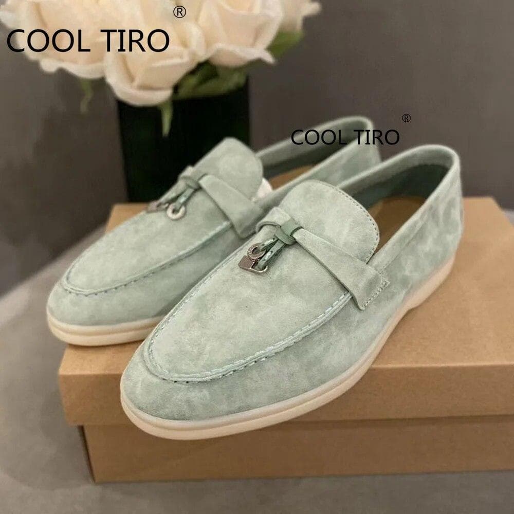 Woman Flat Shoes Slip On Women Loafers Leather Metal Lock Blue Suede Moccasins Mules Casual Driving Shoe Summer Walk Shoes Femme 38