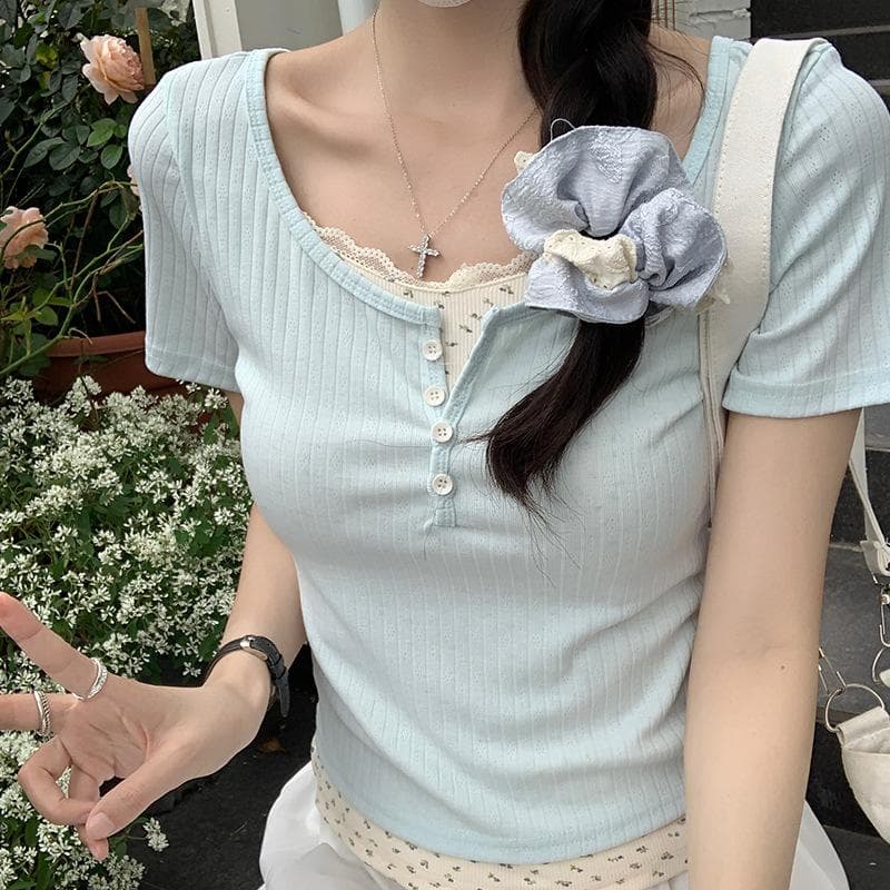 Ballet Style Lace Round Neck Short-sleeved T-shirt for Women In Summer New Pure Slim Fit Inner Base Top XL