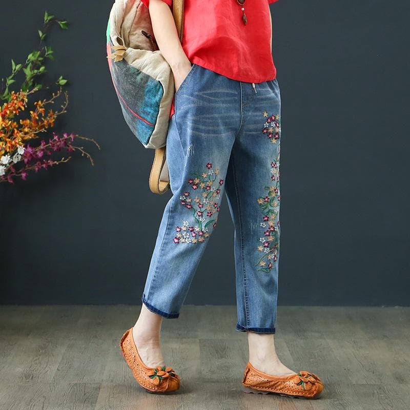 Fashion Summer Ladies Ripped Loose Jeans Womens Leisure Embroidery Denim Trousers Vintage Females Elastic Harem Pants XL