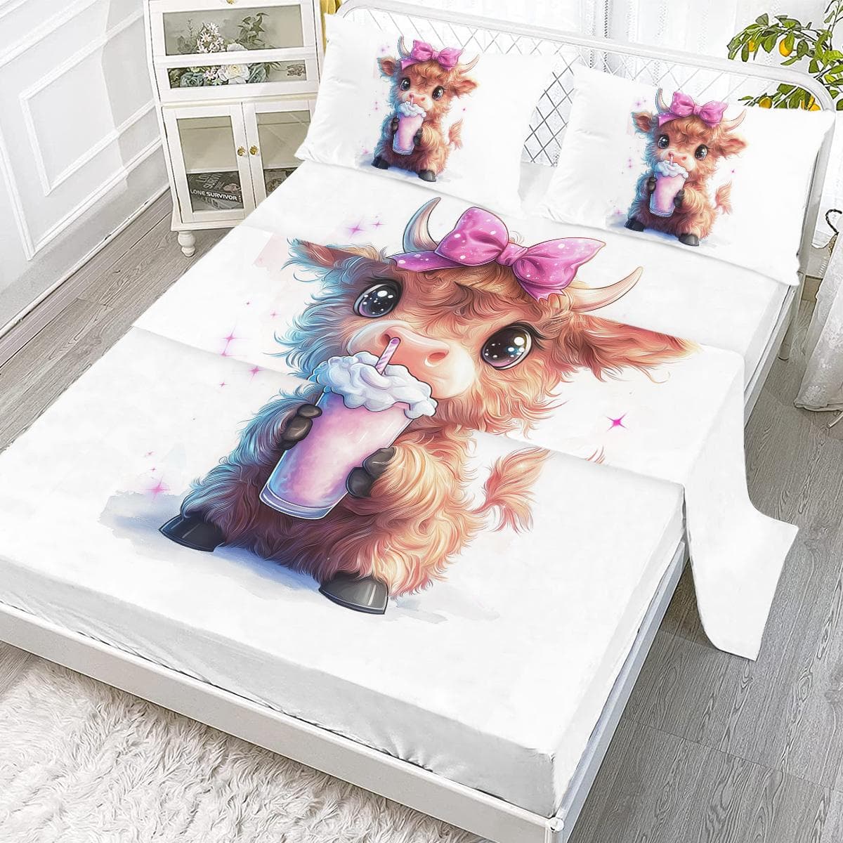 Little Milk Tea 4-Piece Bed Sheet Set, Including 1 Flat Bed Sheet, 1 Extra-Large Bed Sheet, 2 Pillowcases (Stupid Cute, Girl) 99cmx199cm