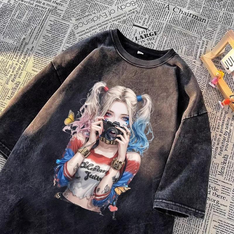 Pure Cotton Clown Print Short Sleeve T-shirt Men and Women New Loose High Street Summer Couple 5XL