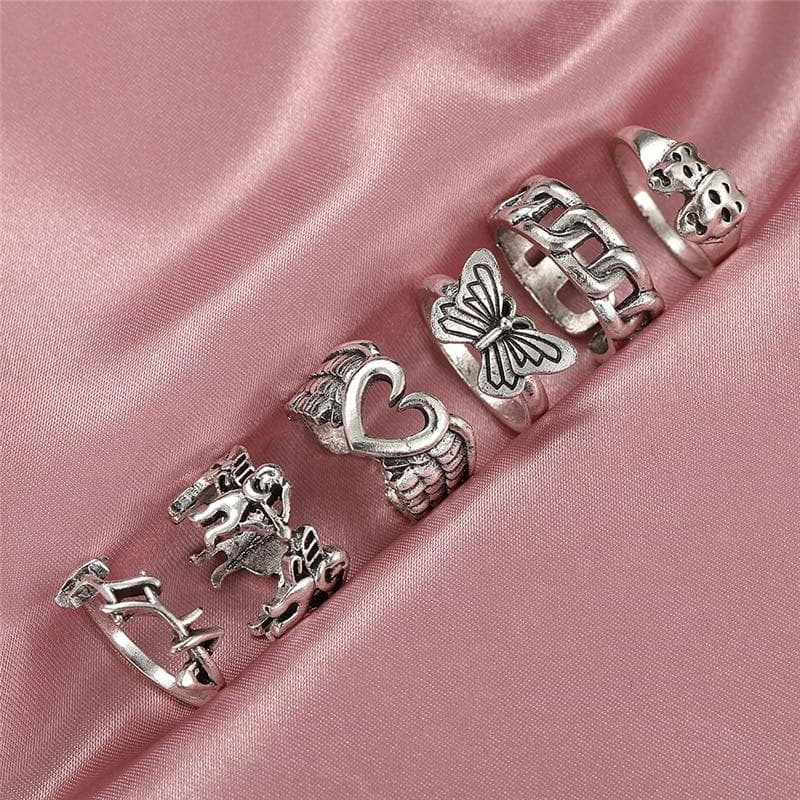 IF ME Punk Butterfly Flower Finger Ring 5PCS/Set for Women Gothic Silver Color Jewelry Flower Angel Wings Cupid Charms Rings ME53877
