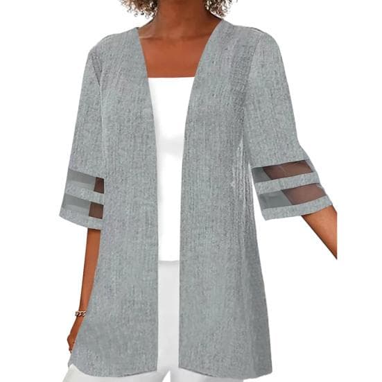 Coat Summer Loose Cardigan Bohemian Mesh Patchwork Women Open Stitch Thin Casual Lace Vintage Half Sleeve Medium Long Coat 2XL grey