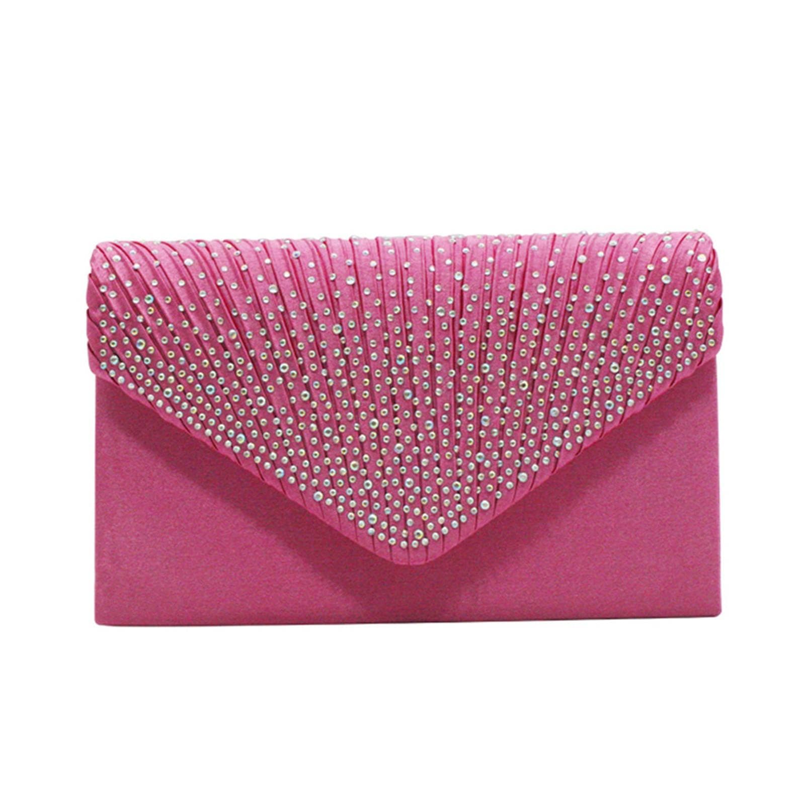 Women's Fashion Elegant Silk Belt Drill Clutch Evening Prom Handbag Purse One Size hot pink