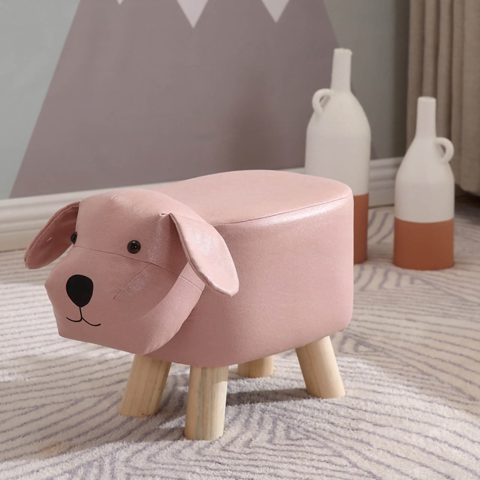 Children Wooden Low Stools Cute Cartoon Children Stool Small Dog Shape Stool for Home Kindergarten pink