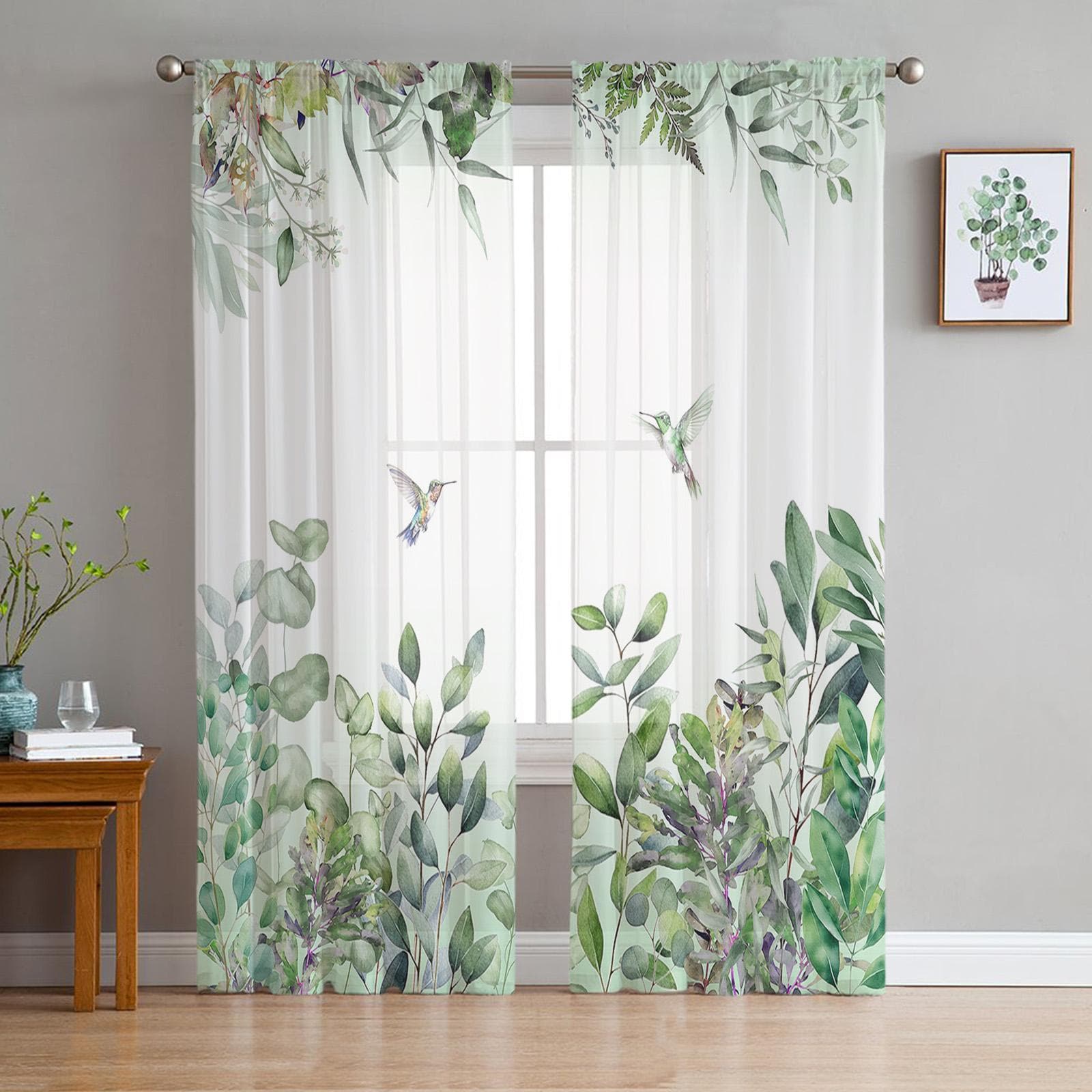 Watercolor Plant Leaves Hummingbird Green Sheer Window Curtain Tulle Curtains for Livingroom Bedroom Home Decor Voile Drapes 135W x 114H(cm)