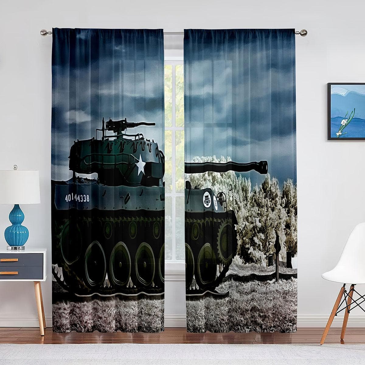 Green Tank Cannon Army Car Tulle Curtains for Living Room Boys Bedroom Decor Chiffon Sheer Voile Kitchen Window Curtain Drapes 1 PCS W100XH250cm&Grommet Top