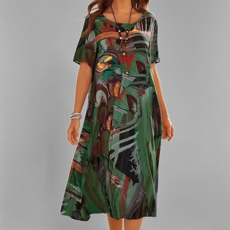 Spring new women's clothing retro printing fashion casual crew neck long dress 3XL green