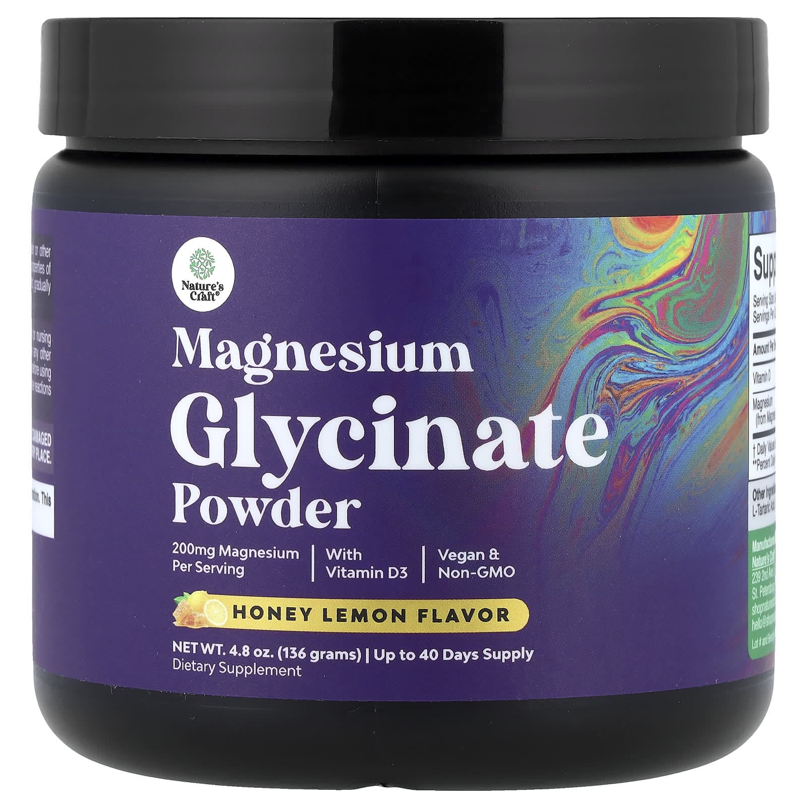 Nature's Craft, Glycine Magnesium Powder with Vitamin D3, Honey Lemon, 4.8 oz (136 g)