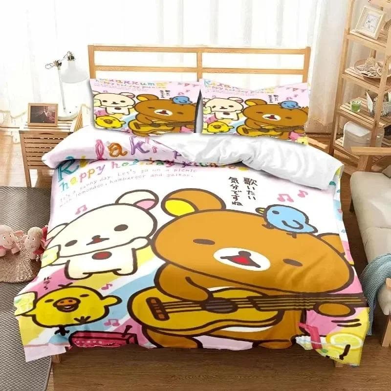 3dCartoon Rilakkuma Bear Bedding Set Duvet Cover Bed Set Quilt Cover Pillowcase Comforter king Queen Size Boys Adult Bedding Set 70x133cm 2pcs
