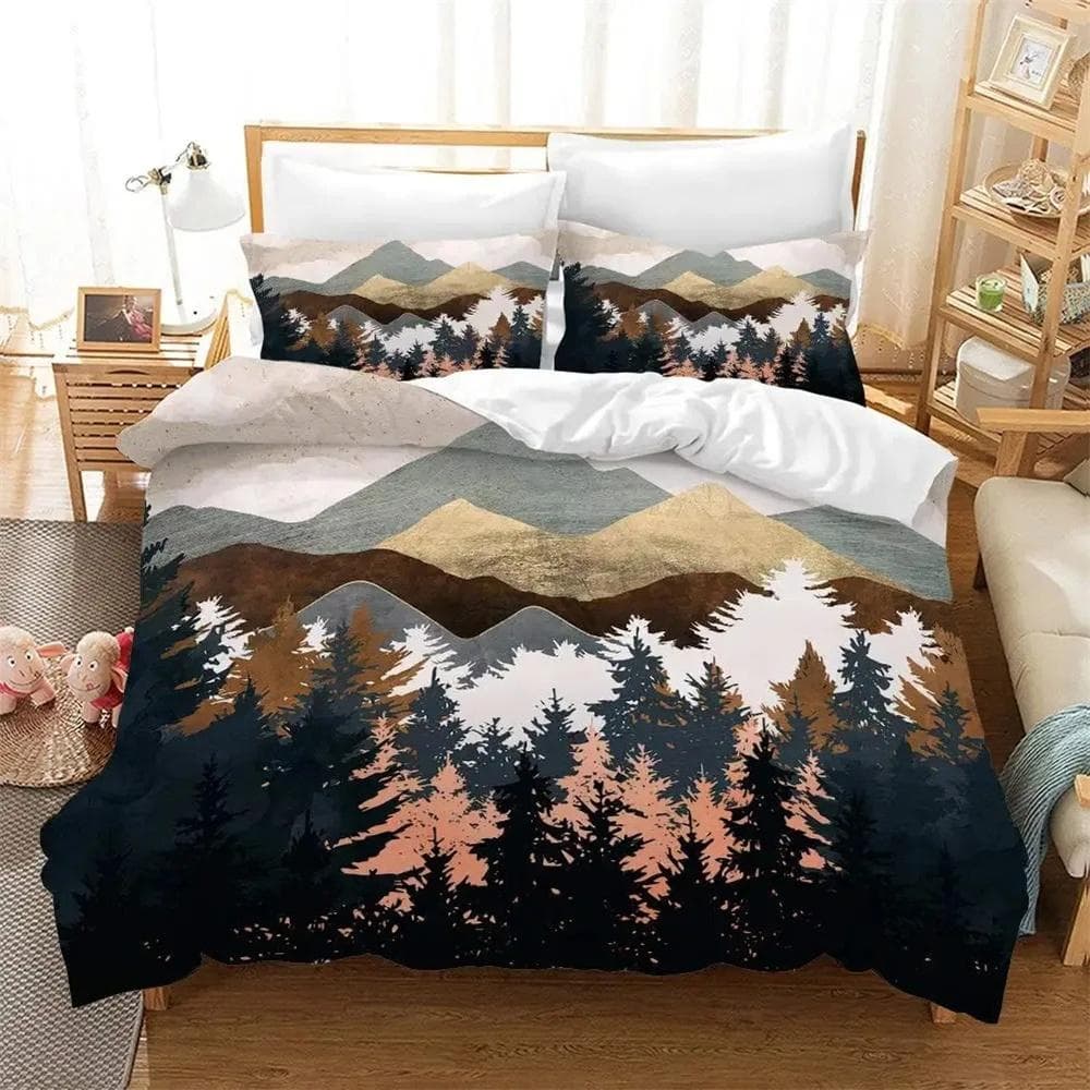 Smoky Mountain Duvet Cover Set Misty Forest Bedding Set Full Queen Size Grey Trees Natural Scenery Art Comforter Cover 240X220cm-3pcs