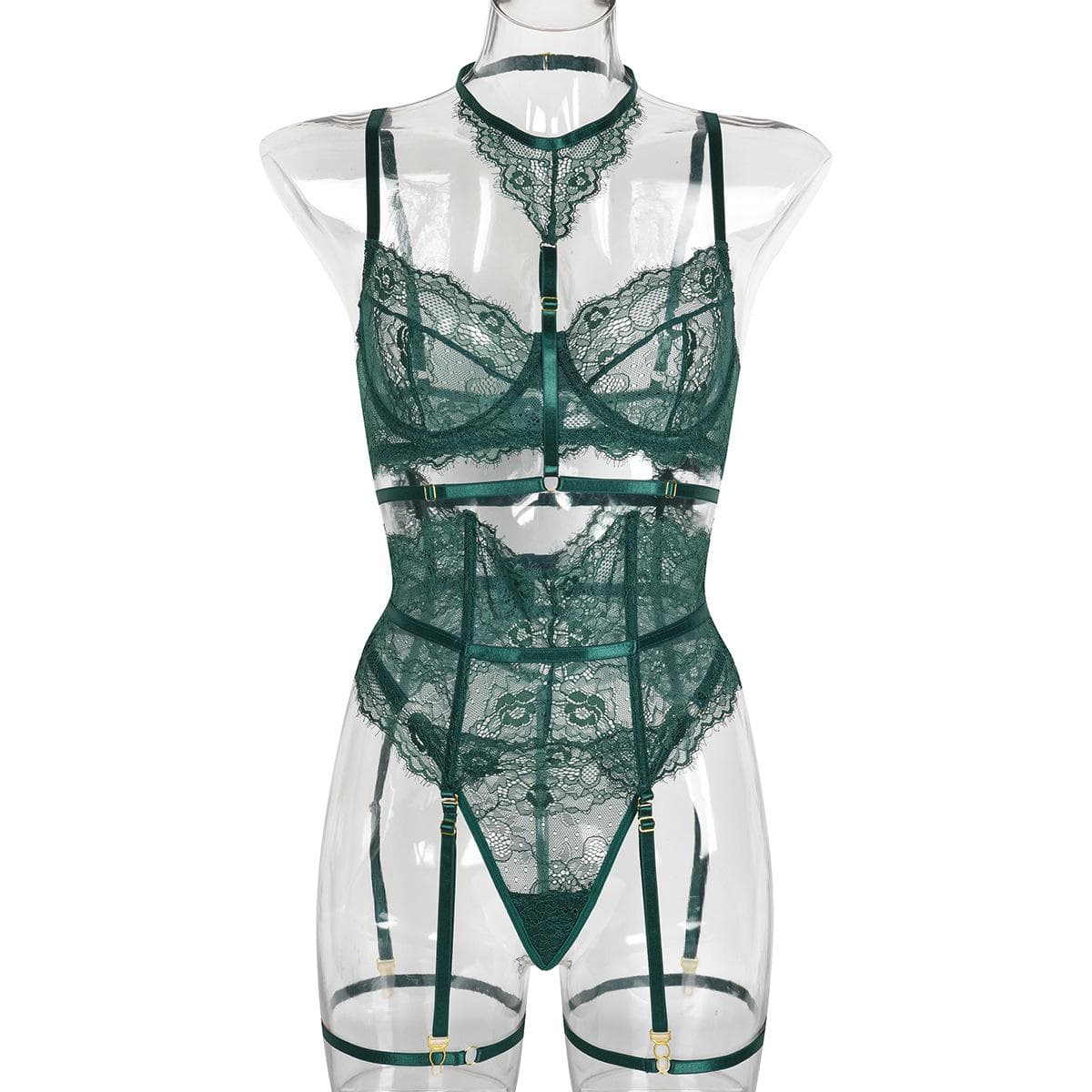 Women's Lingerie Two Piece Sets Women Lace Bra and Panty Set Solid Color Lace Up Lingerie Set Party Underwear S green
