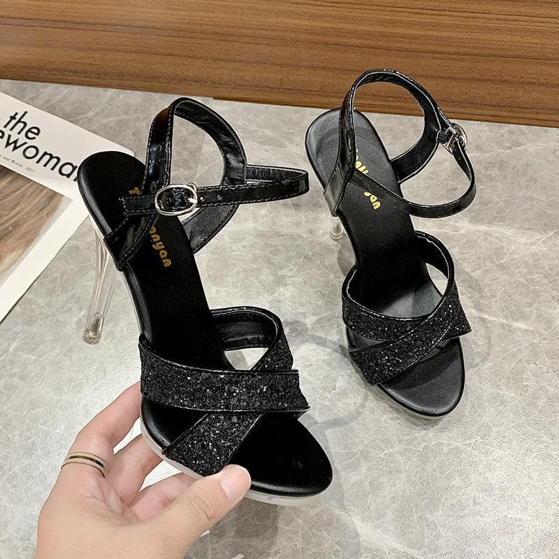 New Crystal Transparent Bottom Rhinestones European and American Women's Super High-heeled Fashion Catwalk Catwalk Sandals Wedding Shoes 40