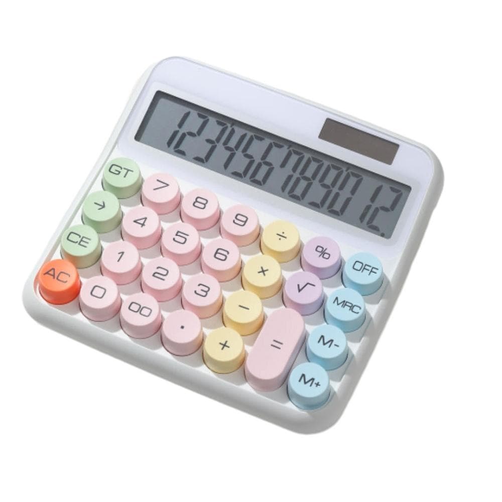 Mechanical Calculator 12 Digit Large LCD Display Big Round Button 15 degrees Tilt Screen Cute Candy Colored 0 white