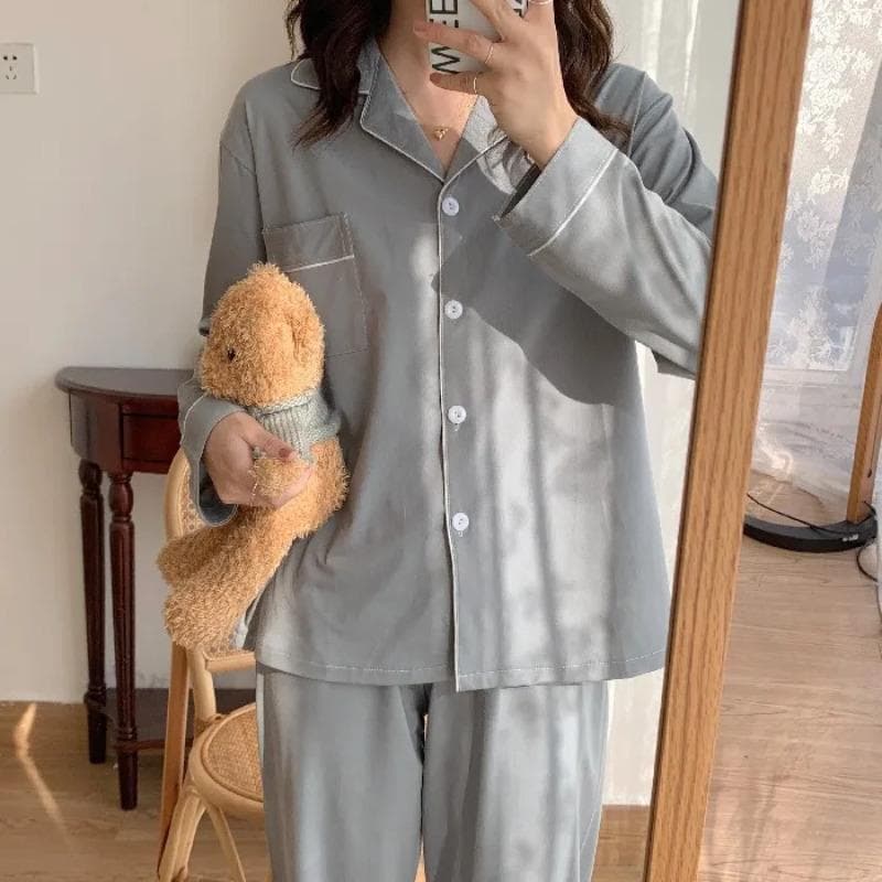 Womens Korean Style Solid Color Pajamas Set Turn-down Collar Pyjamas Long Sleeves Suit Soft Female Sleepwear Homewear XXL