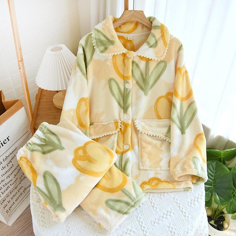 Women Floral Print Nightwear 2Pcs Top&pants Sleepwear Coral Fleece Pajamas Suit Long Sleeve Loungewear Loose Home Clothes XL yellow