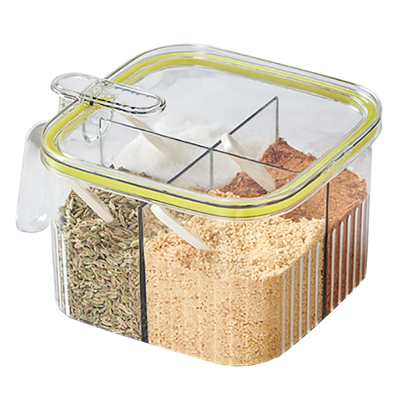 4 Grid Clear Seasoning Box Kitchen Spice Pot Condiments Storage Container with Cover and Spoon Translucent Green