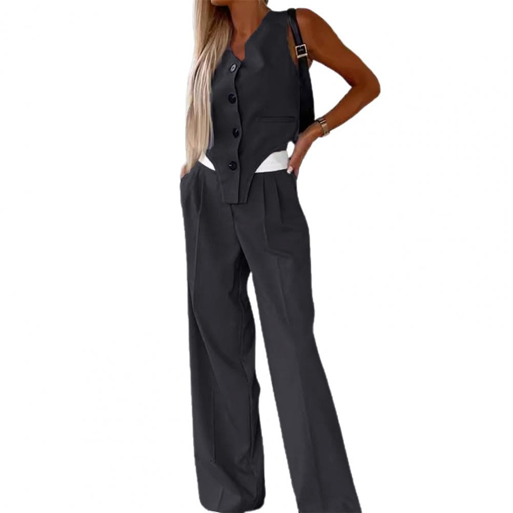 Wide-leg Pants Set Elegant Sleeveless V Neck Women's Suit Set with Irregular Waistcoat Wide Leg Trousers Formal for Office XXL dark gray