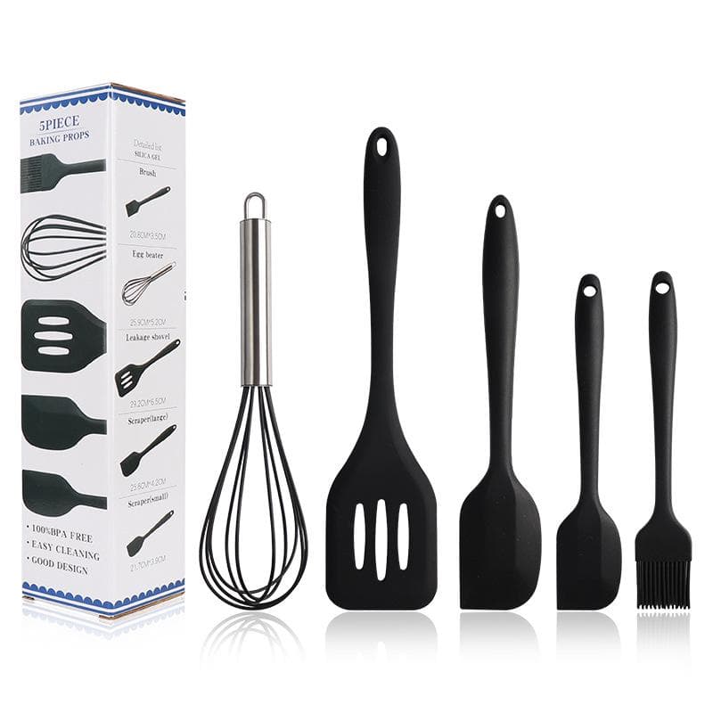 5Pcs/1set Heat-resistant Baking Tools Stainless Steel Handle Silicone Kitchenware Non-stick Pan Shovel Kitchen Baking Tool 5PC/Set black