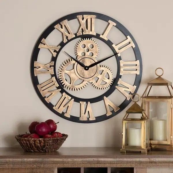 40cm Noiseless Silent Gear Wall Clock - Large 3D Retro Rustic Country Decorative Luxury Art Big Wooden Vintage Steampunk Industrial Decor for House 40*40*4cm
