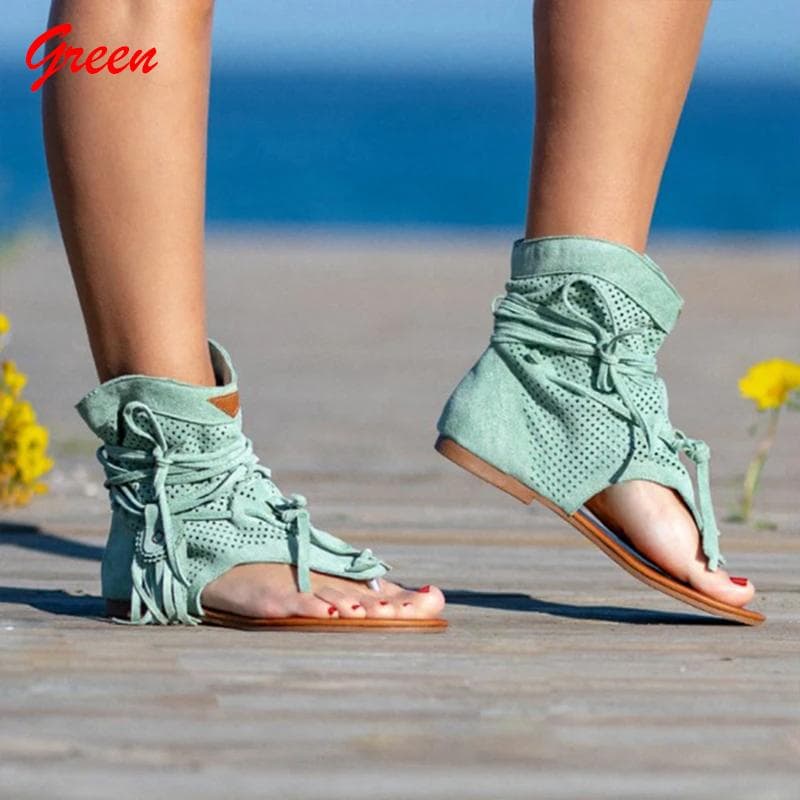 Women's Rome Ladies Clip Toe Vintage Boots Tassel Sandals Gladiator Retro Fashion Summer Casual 40 green