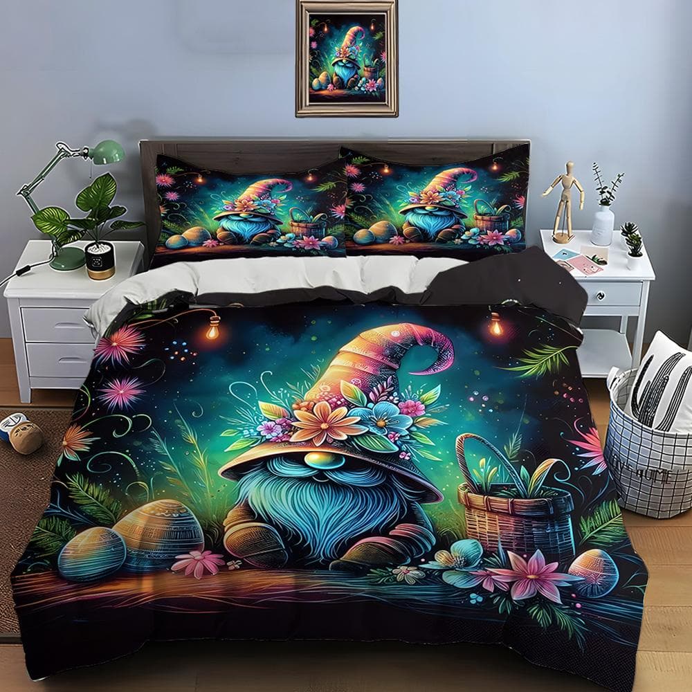 Christmas Gnome Print Bedding Set Duvet Cover 1 Duvet Cover 2 Pillowcases Adult and Children Bedding Set Luxury Holiday Gifts EU single(135x200cm)