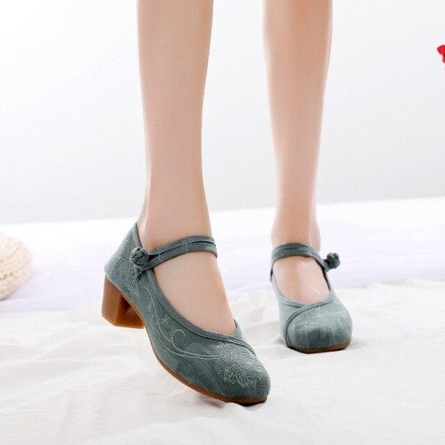 Retro Women Shoes Chinese Style High Heel Embroidered Shoes Elegant Woman Pumps Mary Jane Shoes Ladies Shoes 35 green