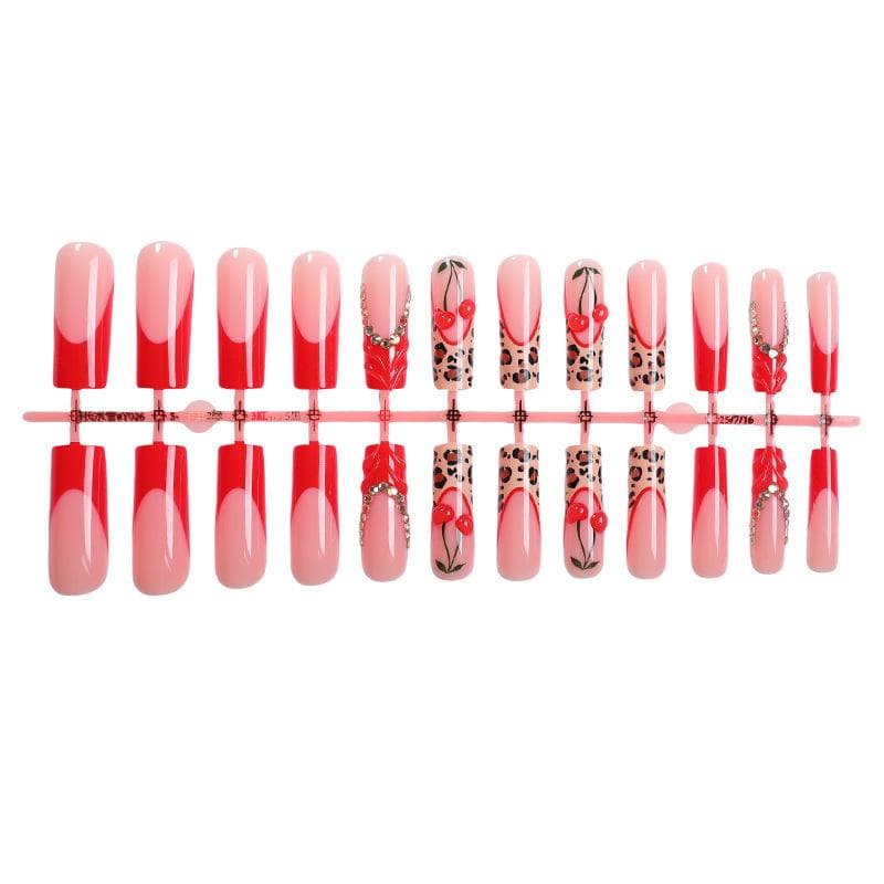 24pcs French Manicure Nail Tips, Rectangular, 3D Line Art, Leopard Print Decor, Red Bow & Rhinestone Design, Full Coverage False Nails