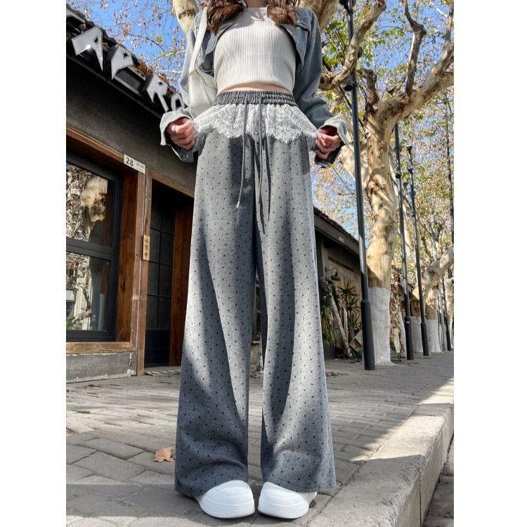 Lace Polka Dot Wide-leg Pants for Women In Spring and Autumn Summer New Design Casual Pants Loose Straight Floor Pants 3XL grey