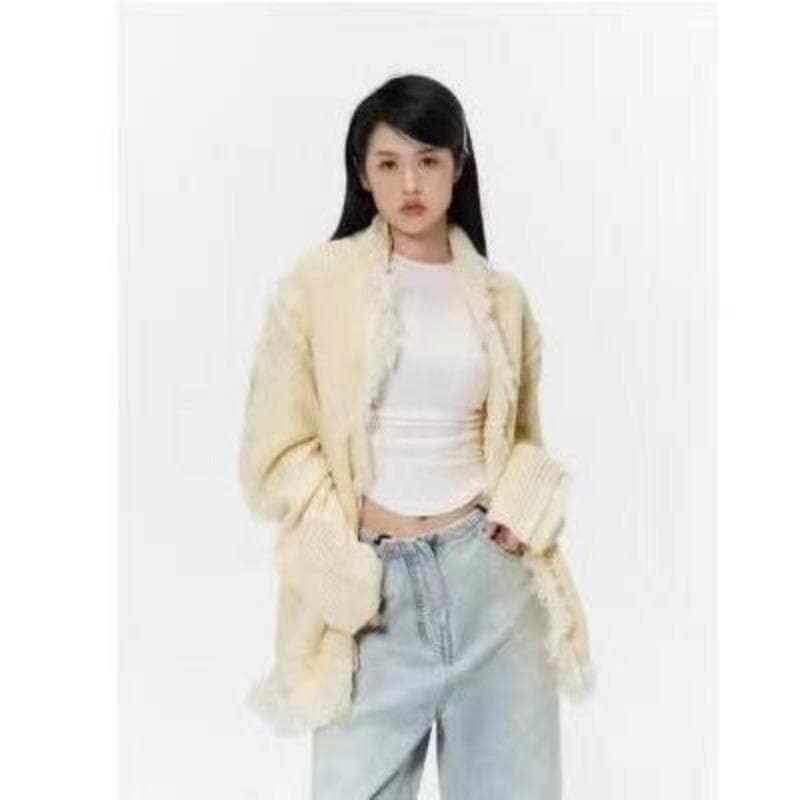 Lazy Sweater Coat Women's New Autumn and Winter Ins Korean Loose Thin Fringe Furred Knitted Cardigan One size