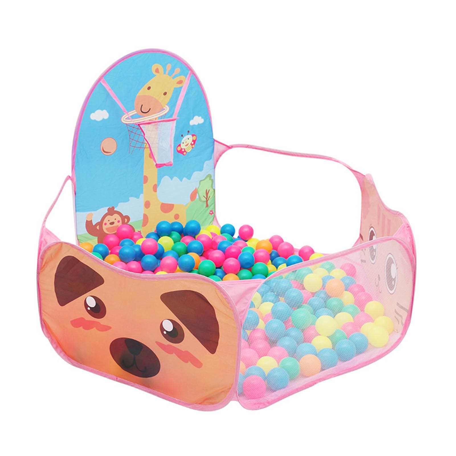 Kids Ball Pit Folding Cartoon Giraffe Baby Play Pool Tent with Basketball Hoop for Girls Boys Pink pink