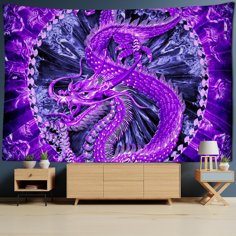 Violet Loong Dragon Totem Tapestry Cartoon Castle Wall Hanging Room Carpet Bedspread Beach Mat Tapis Home Decor Tapestries Art 150x100CM