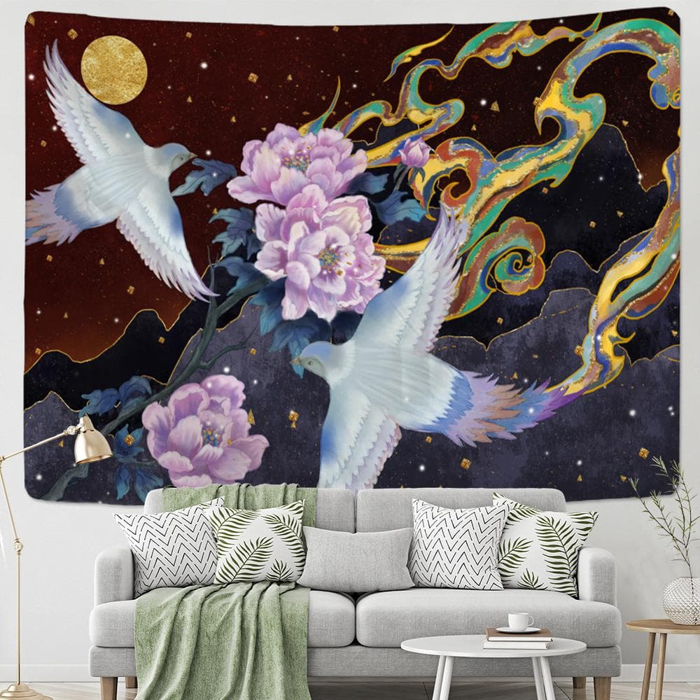 Chinese Style Crane Oil Painting Tapestry Wall Hanging Bohemian Style Hippie Aesthetics Room Artist Home Decor 95x70cm