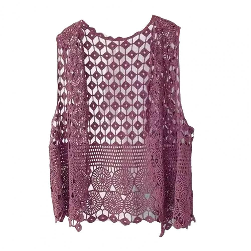 Women Vest Stylish Women's Crochet Sleeveless Cardigan Lightweight Open Stitch Summer Vest Retro Knitted Outwear Coat for Daily One Size purple