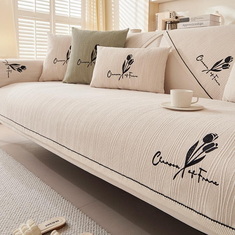 Chenille Flower Embroider Sofa Cover Anti Slip Stripe Sofa Cushion Decoration Home Furnishing 4 Seasons Universal Sofa Cushion 70x70cm 1pcs