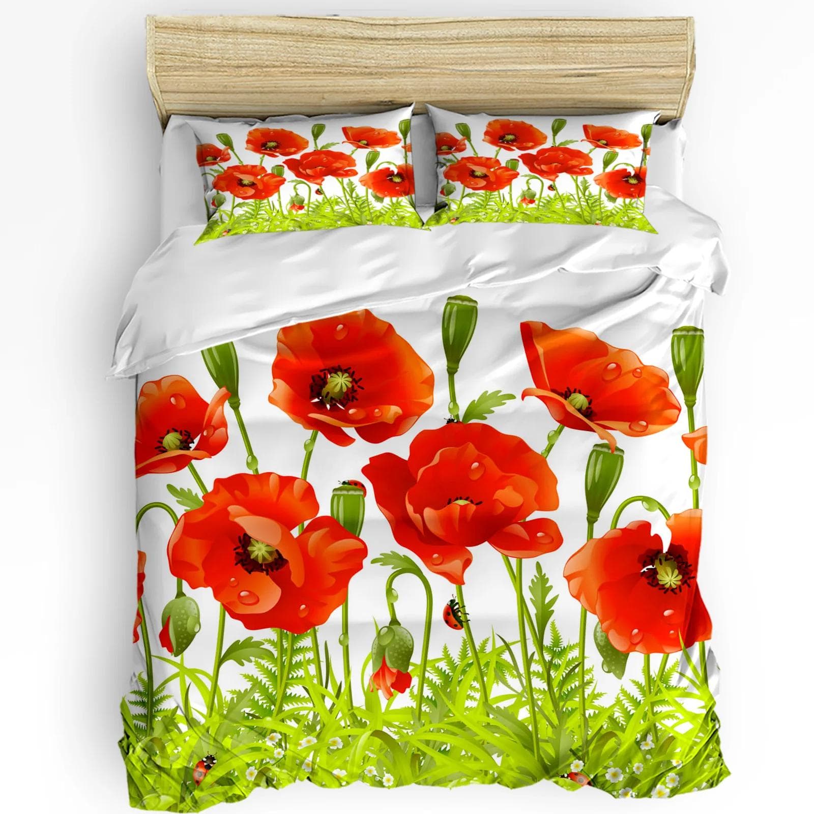 Floral Bedding Set Comforter Duvet Cover Pillow Shams Poppies of Spring Season Pastoral Flowers Bot Bedding Cover Double Bed Set US Full(200x230cm)
