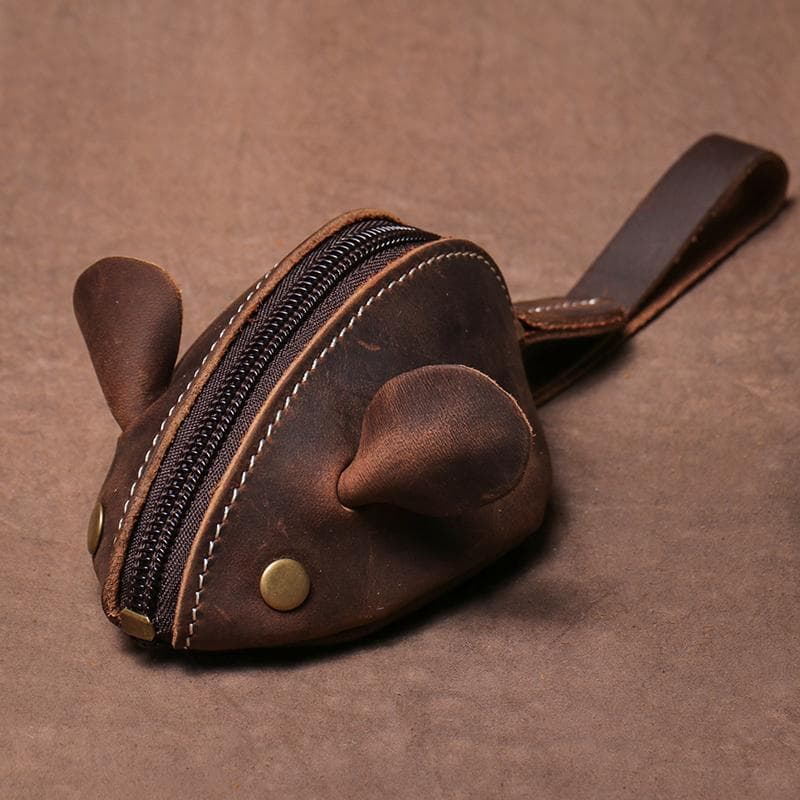 Genuine Leather Mouse Coin Purse Small Coins Bag Creative Key Bag Zipper Storage Bag Cartoon Children's Wallet black bean