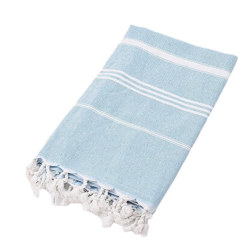 Striped Cotton Turkish Sports Bath Towel with Tassels Travel Gym Camping Sauna Beach Pool Blanket Absorbent Easy Care blue