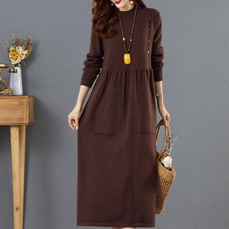 Autumn and Winter Knitted Women long knee length skirt with coat underneath and outside pocket o neck pullover sweater One Size dark brown