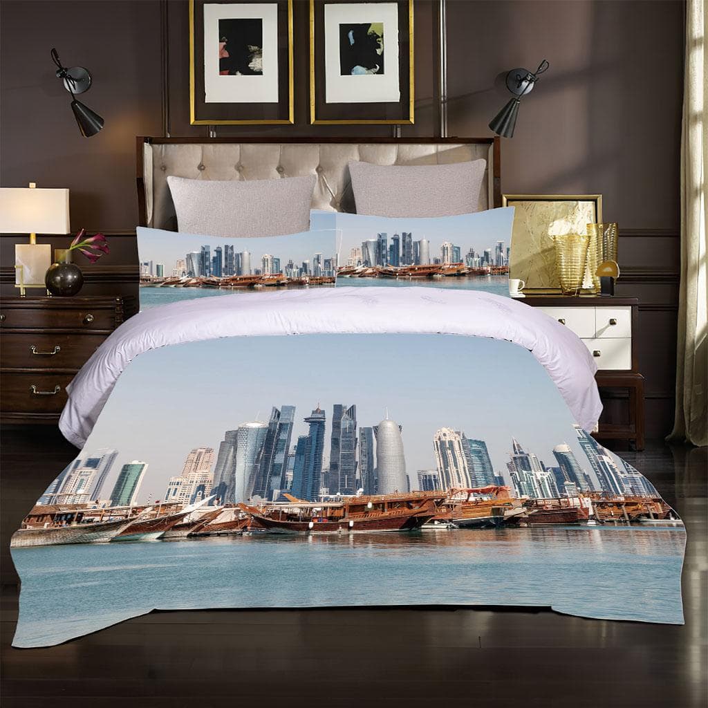 King Queen Duvet Cover City Scenery 3D Single Double Quilt Cover Polyester Bedding Set For Kids Teens Adults With Pillowcase W90xL190cm