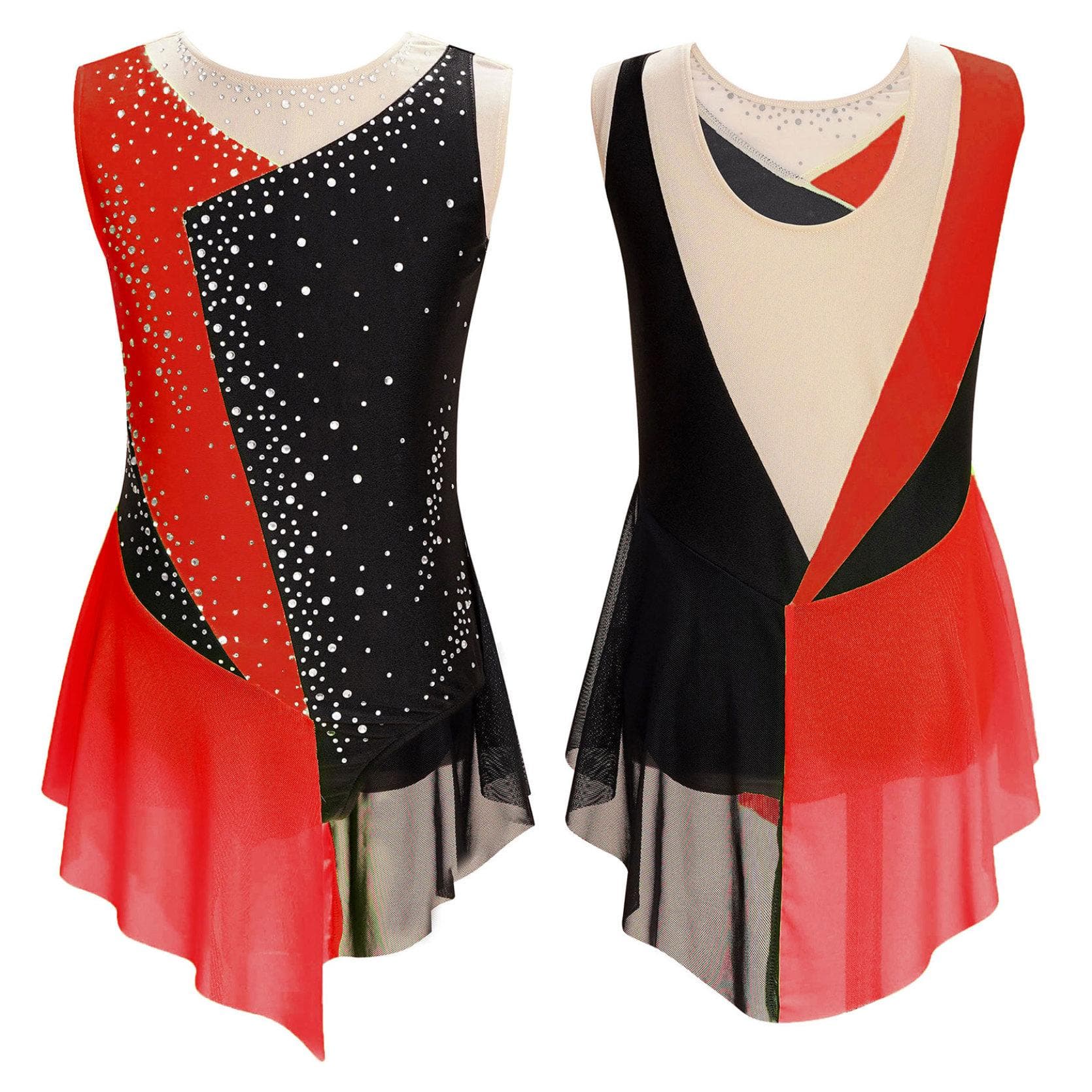 Kids Girls Figure Skating Leotard Dress Shiny Rhinestone Sheer Mesh Sleeveless Dresses for Ballet Lyrical Dance Gymnastics red
