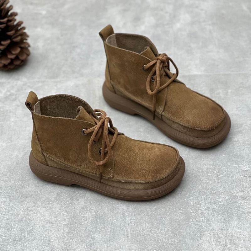 Johnature Retro Handmade Women Short Boots Genuine Leather Shoes Round Toe Solid Color Lace-up Boots 41 khaki