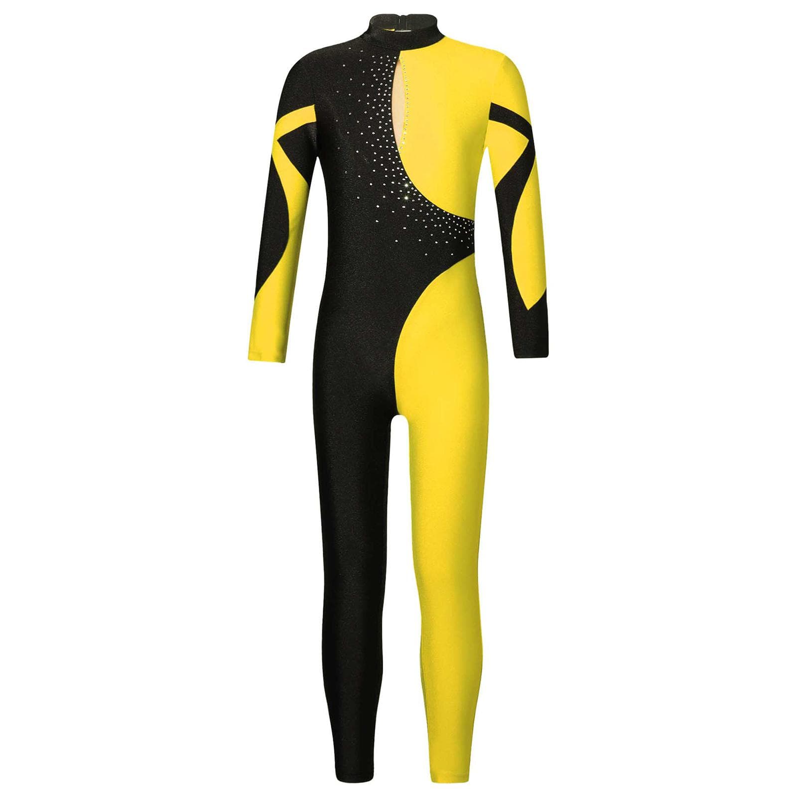 Girls Dance Jumpsuit Long Sleeve Stand Collar Shiny Rhinestone Hollow Back 5-6 Years yellow