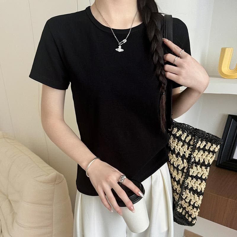 White Round Neck Short-sleeved T-shirt for Women In Summer New Slim Inner Half-sleeved Versatile Shoulder Top XL black