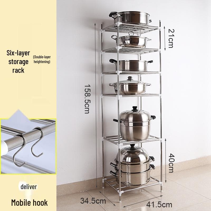 Stainless Steel Multi-Layer Floor-Standing Rack for Kitchen and Bathroom Basin and Pot Storage