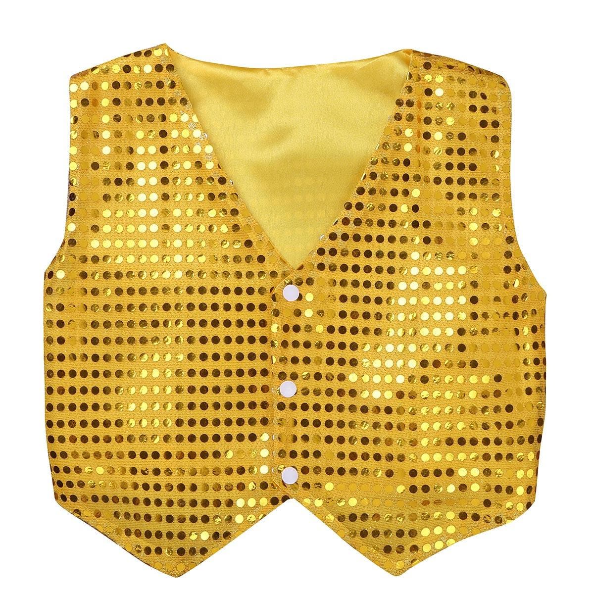 Kids Unisex Jazz Dance Performance Costume Sleeveless Glittery Sequined Vest Waistcoat gold
